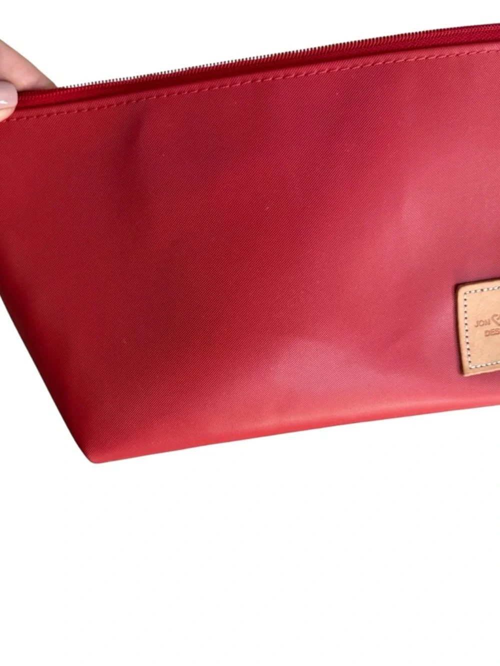 Jon Hart Design Red Cosmetic Zip Pouch with Tan Logo Patch